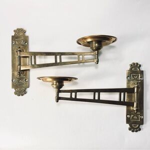 2 Vintage Art Nouveau-style Brass Piano Sconces Candle Holders Patina Pivoting